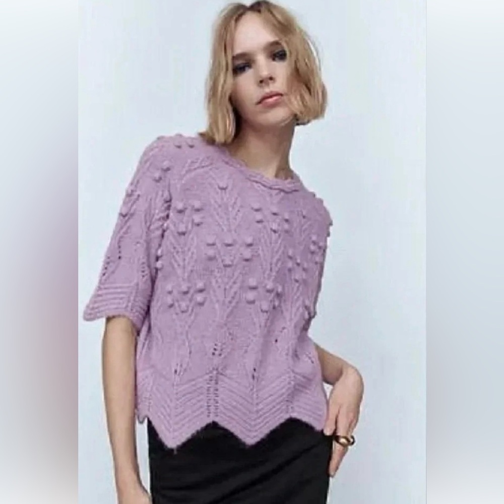 Zara Boulce Scalloped Hemline Short Sleeve Lavender Sweater Grannycore Size M